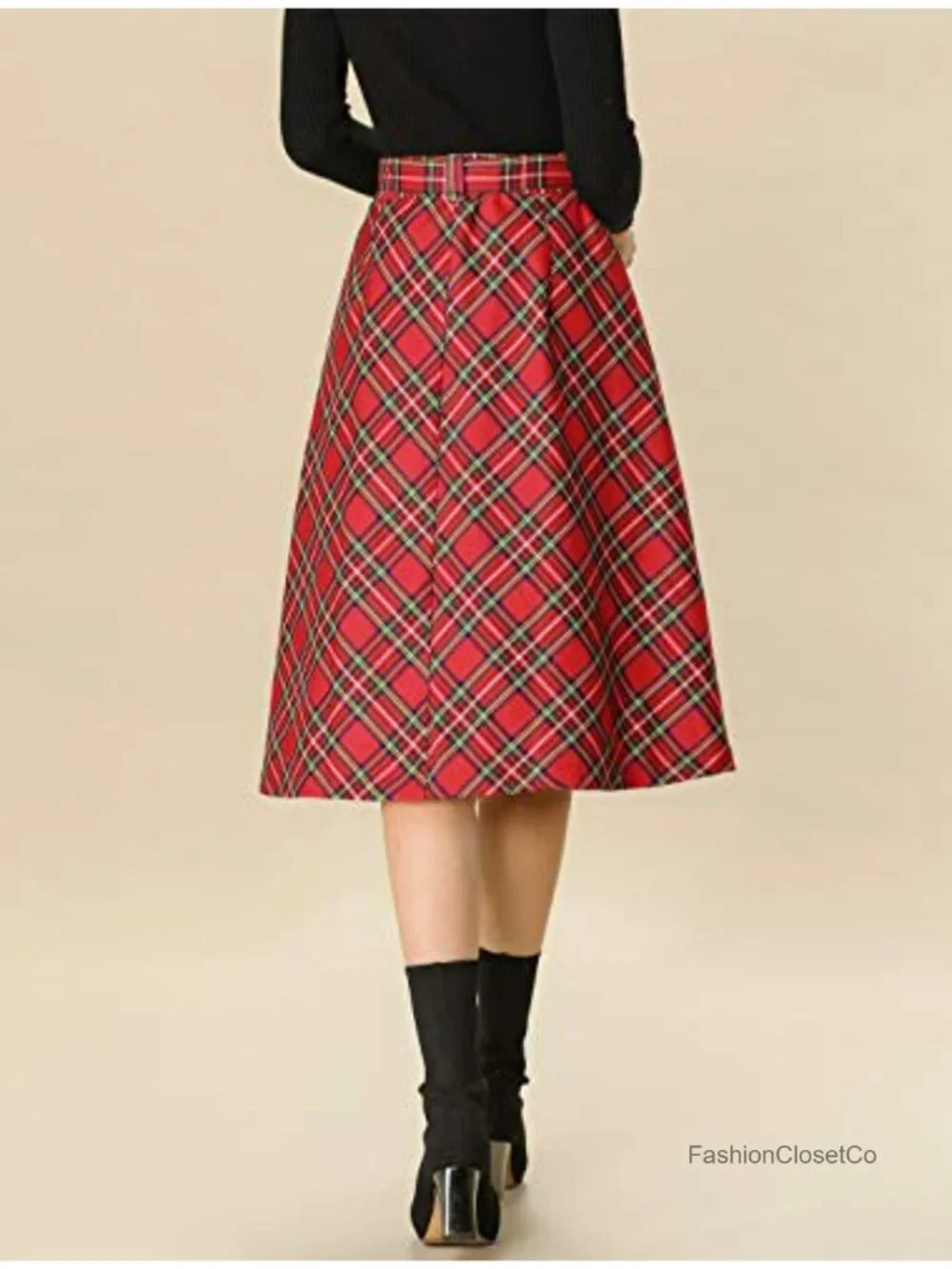 Allegra K Women Vintage Plaid Tartan High Waist Belted A-Line Midi Skirt